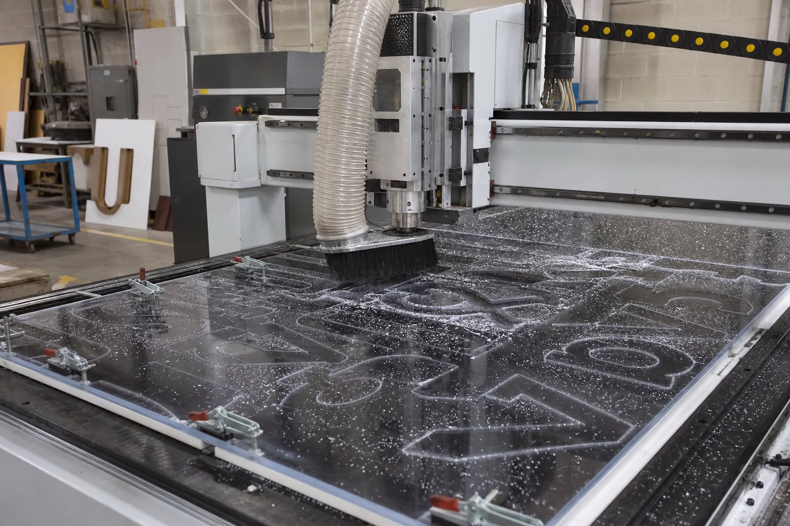 Kutu harf atölyesinde CNC kesim alanı